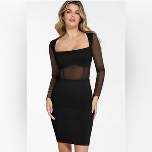 Popilush Black Long Sleeve Mesh Panel Bodycon Dress